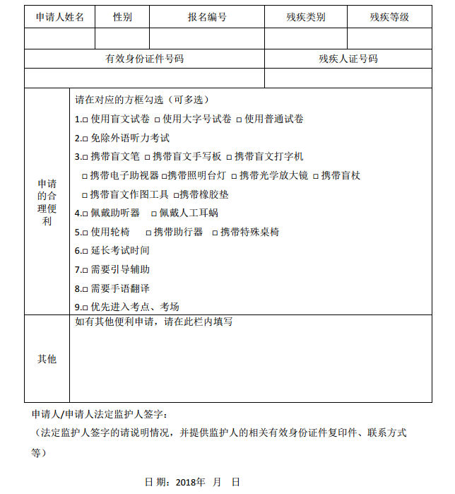 四川省殘疾人報考2018年普通高等學(xué)校招生全國統(tǒng)一考試合理便利申請表