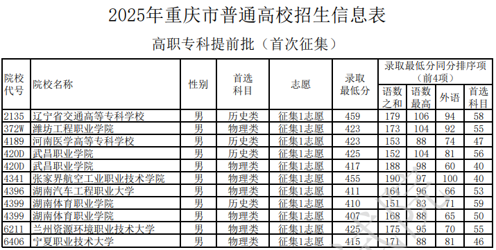 重慶市2025年普通高校招生信息表-高職專科提前批（首次征集）