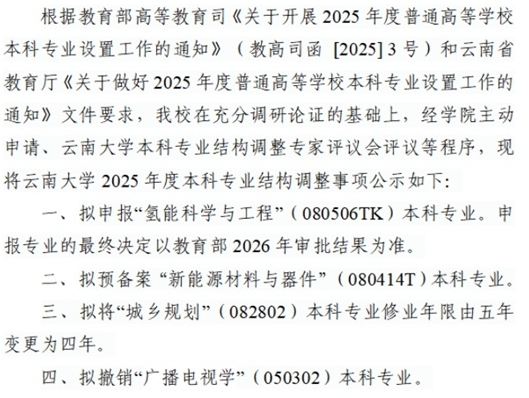 云南大學(xué)2025年度本科專業(yè)擬調(diào)整事項
